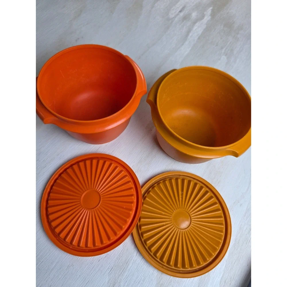 Vintage Tupperware Servalier Bowls 886 Orange Yellow Sunburst Lids 2pc Set 70s
